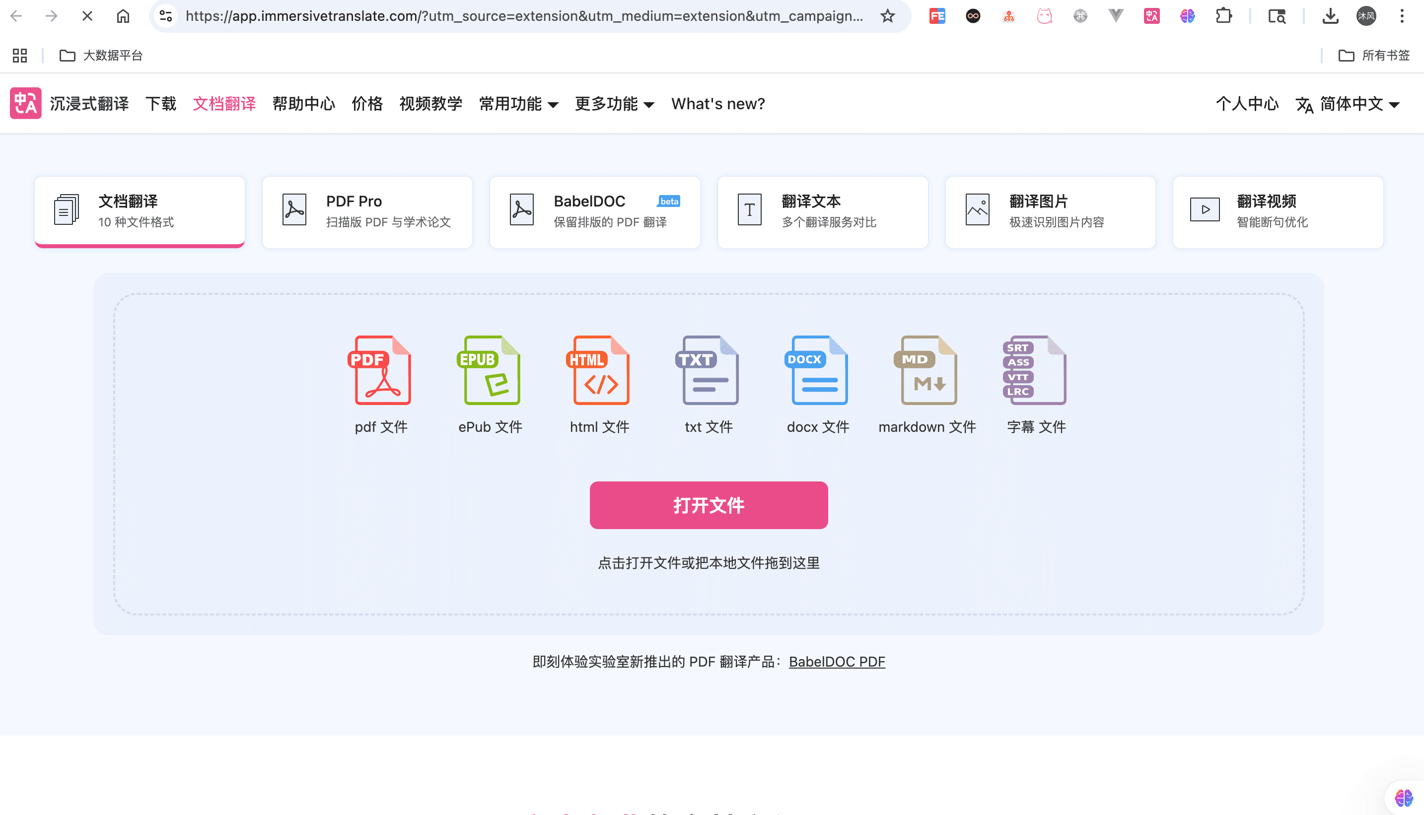 The Immersive Translate document translation page for uploading PDFs, ebooks, or subtitles