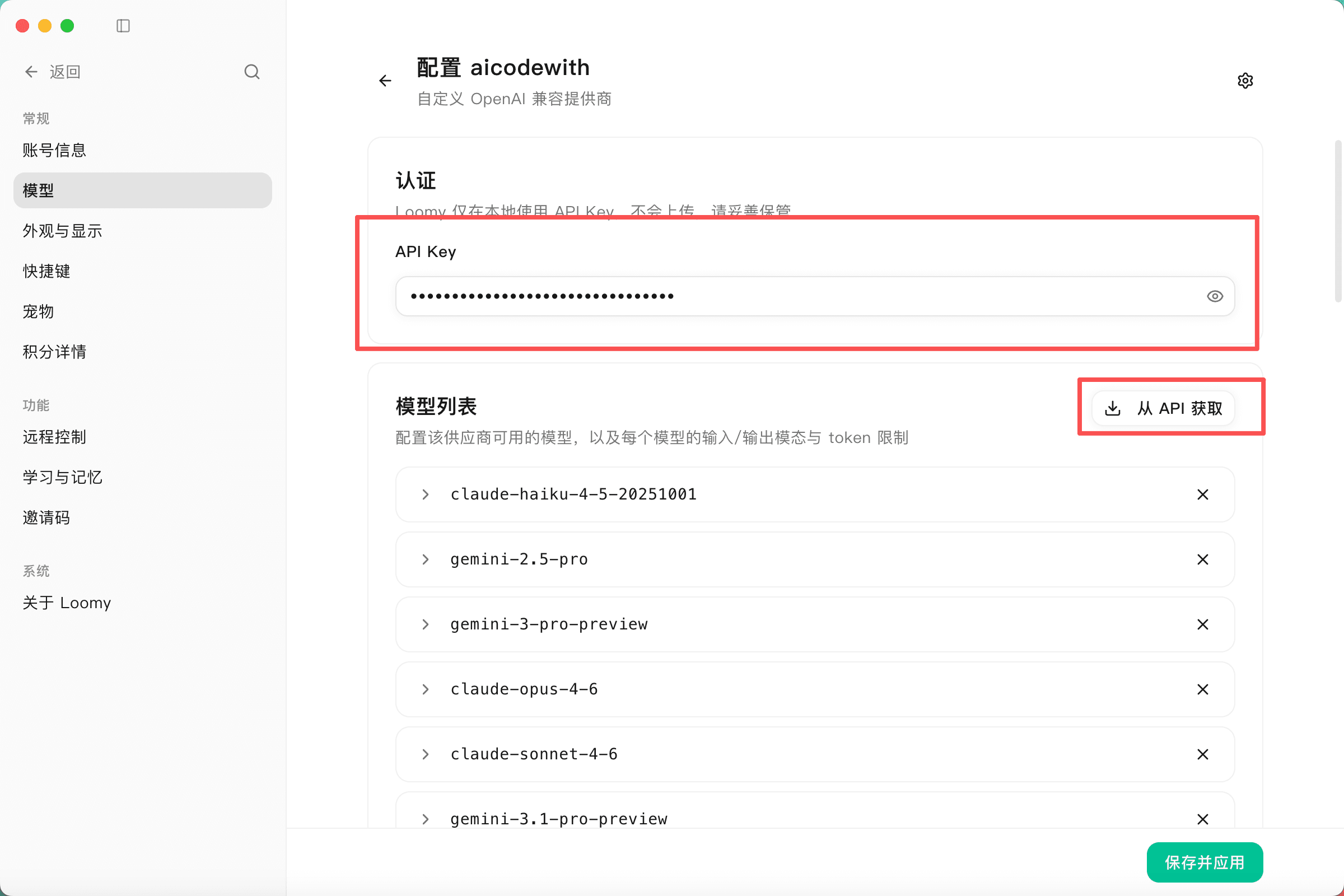 The Loomy Configure aicodewith page with red boxes around the API Key field and Fetch from API, plus Save and apply at the bottom