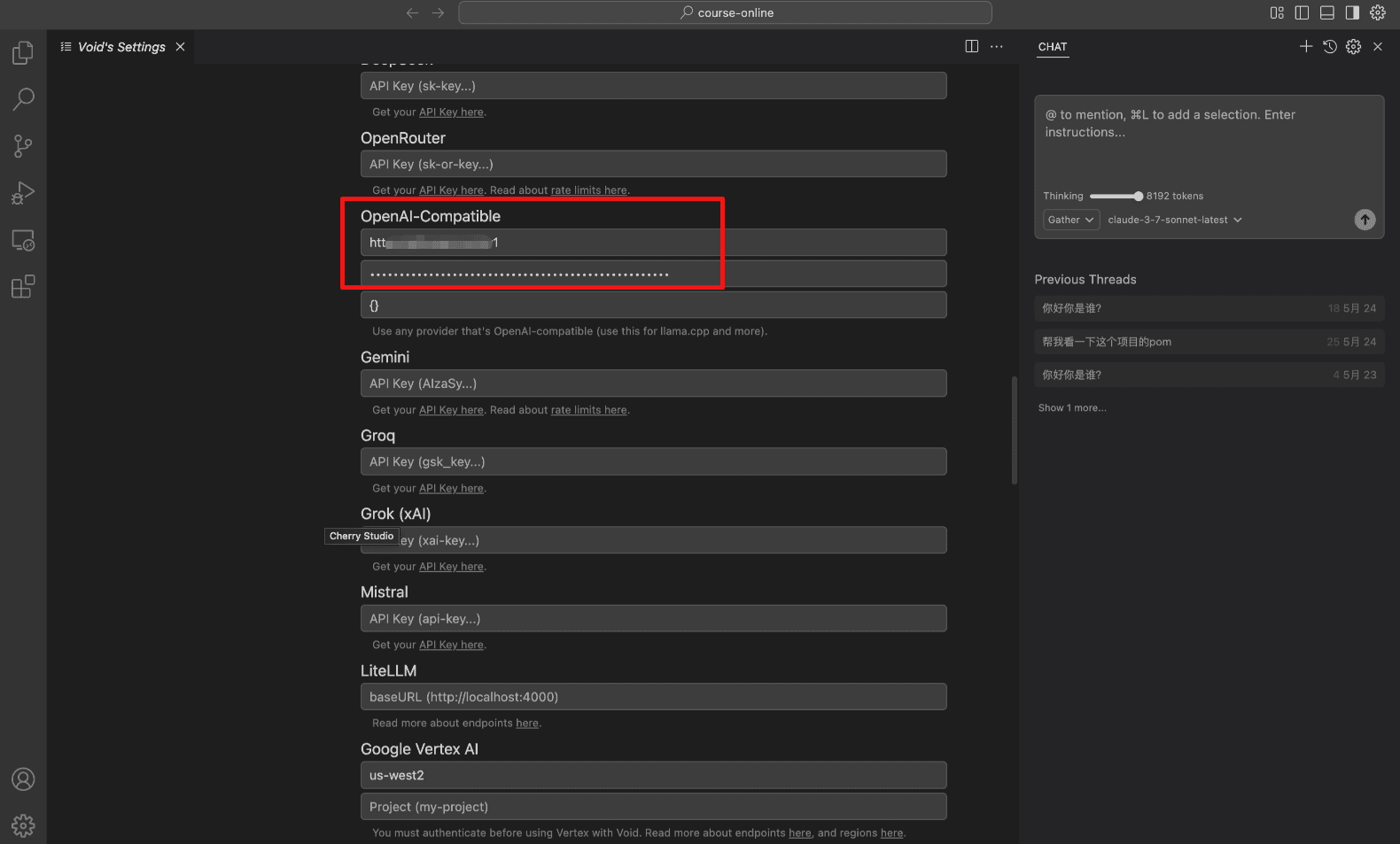 The OpenAI-Compatible block on Void All Settings, with the URL and API Key fields outlined in red
