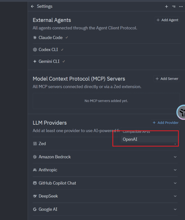 The Compatible APIs dropdown on Add Provider, with OpenAI selected