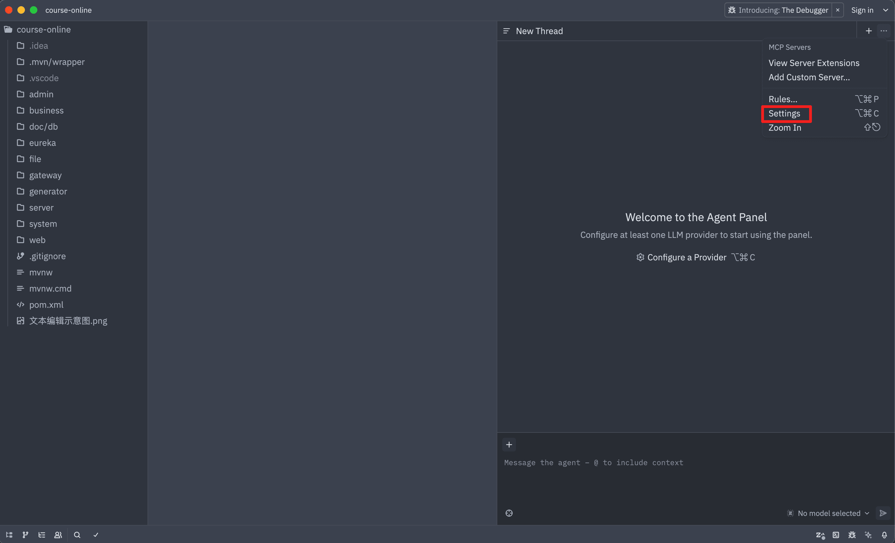 The Agent Panel overflow menu is open, with Settings highlighted and the shortcut ⌘C shown
