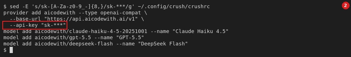 In ~/.config/crush/crushrc, set --api-key to your key (masked as sk-*** here)