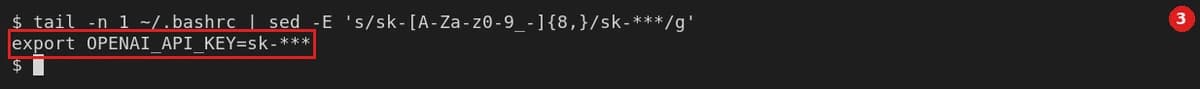 Terminal running tail -n 1 ~/.bashrc to show the last line of ~/.bashrc: export OPENAI_API_KEY=sk-*** (key masked)