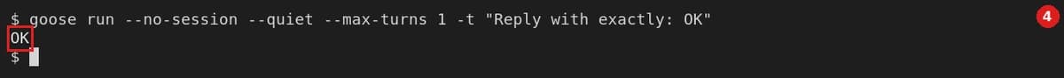 Verify: close the terminal, open a new one, run goose run --no-session --quiet --max-turns 1 -t "Reply with exactly: OK"; an OK reply means it is set up
