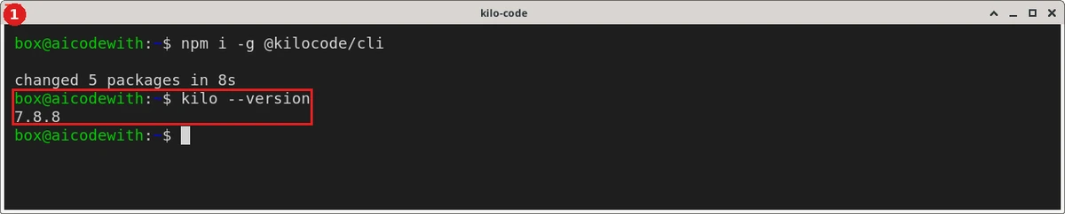 Install the Kilo Code CLI with npm i -g @kilocode/cli, then kilo --version prints 7.8.8 to confirm it works