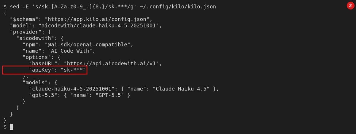Put the key directly in provider.aicodewith.options.apiKey in ~/.config/kilo/kilo.json (masked as sk-*** here)