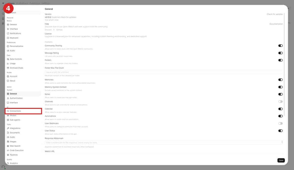 In the Settings page that opens, click Connections under AI in the left sidebar (boxed in red)
