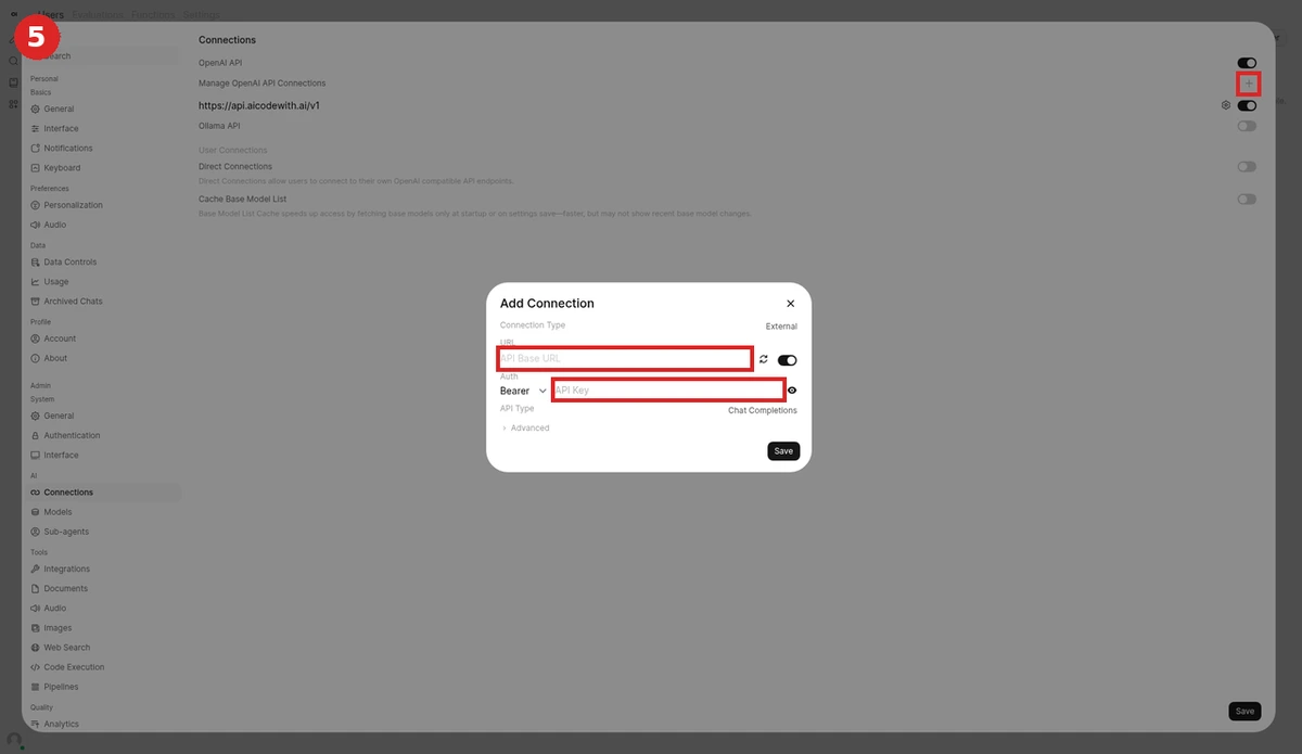 In the OpenAI API section, click + on the right to open Add Connection: set URL to https://api.aicodewith.ai/v1, paste your API Key, then click Save