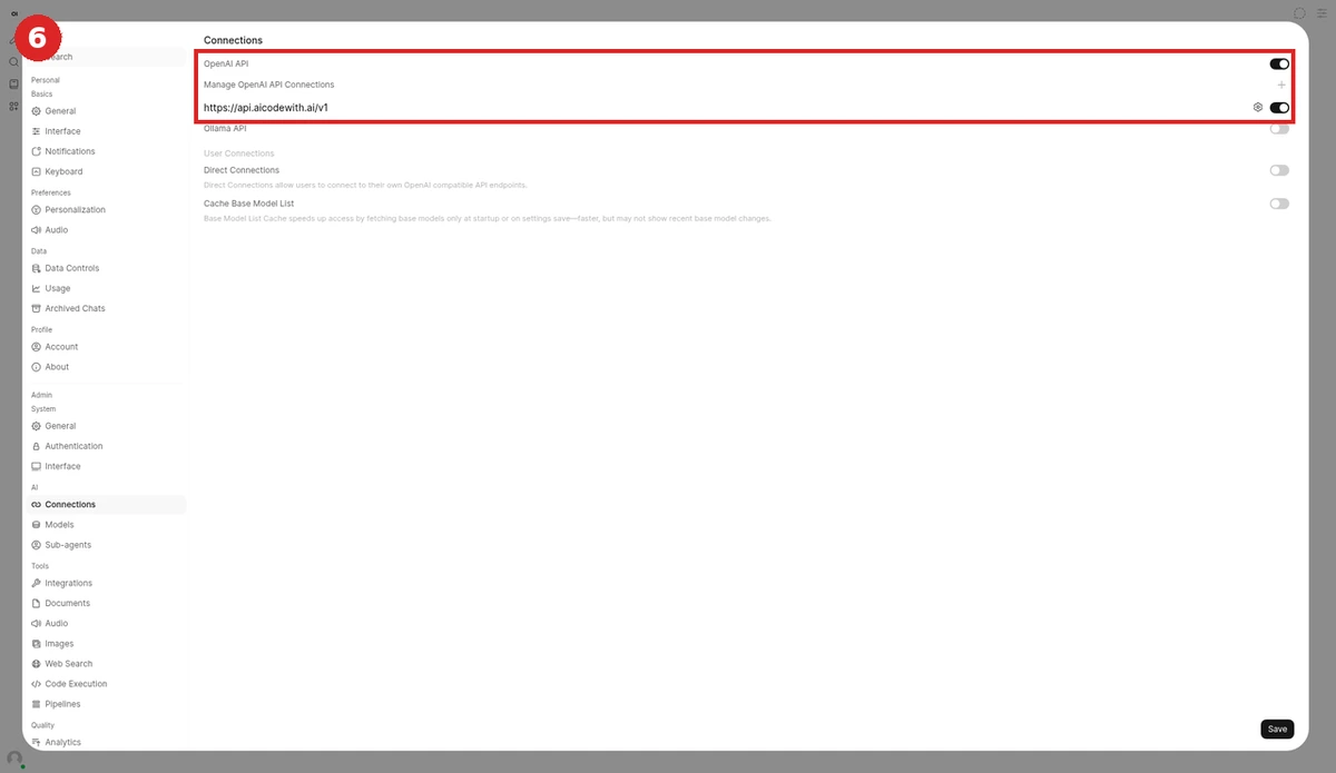After saving, the https://api.aicodewith.ai/v1 connection appears under OpenAI API and is enabled (red box)