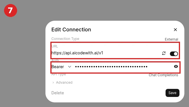 Click the gear next to the connection to open Edit Connection: URL is https://api.aicodewith.ai/v1, and the API key below stays masked with dots (Bearer)