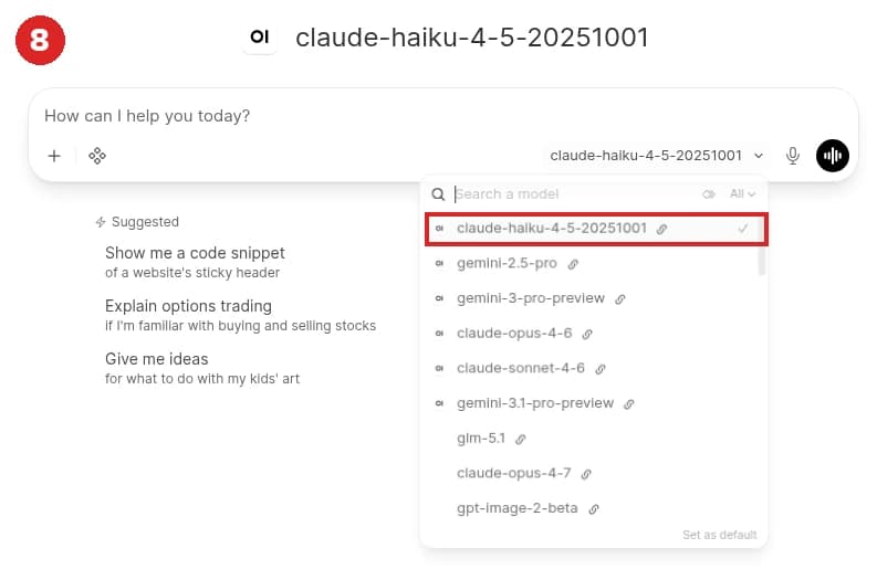 Open the model selector; the models served by aicodewith appear, with claude-haiku-4-5-20251001 boxed in red