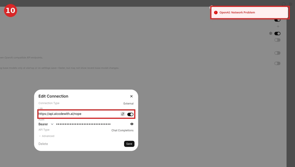 If the URL is wrong (e.g. it ends in /nope), clicking verify (refresh icon) shows the toast "OpenAI: Network Problem" at top-right (boxed)