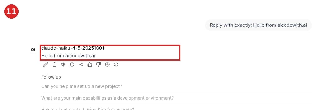 After restoring the URL to https://api.aicodewith.ai/v1 and saving, a new chat again replies Hello from aicodewith.ai, confirming the config is restored