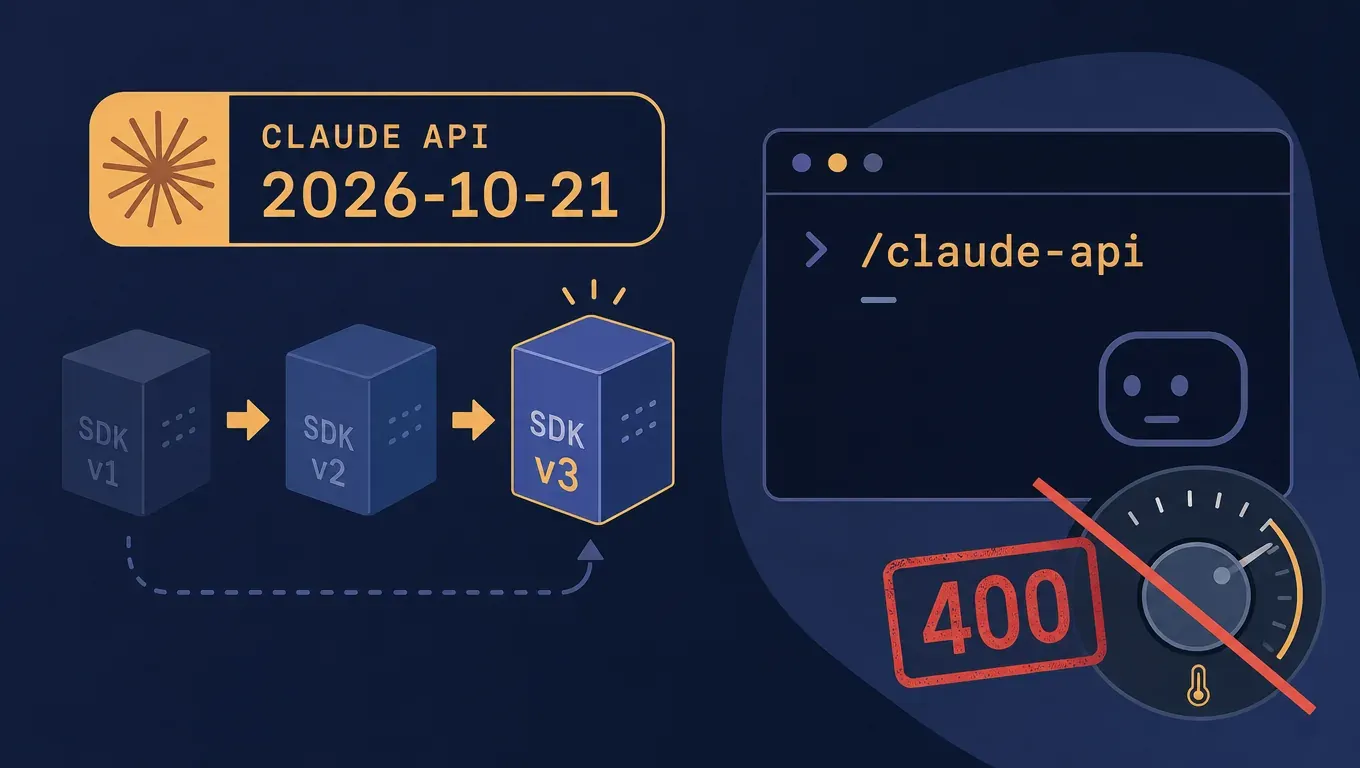 Claude API 出正式版本 2026-10-21 了：Claude Code 用 `/claude-api` 升级 SDK，temperature 再传会 400