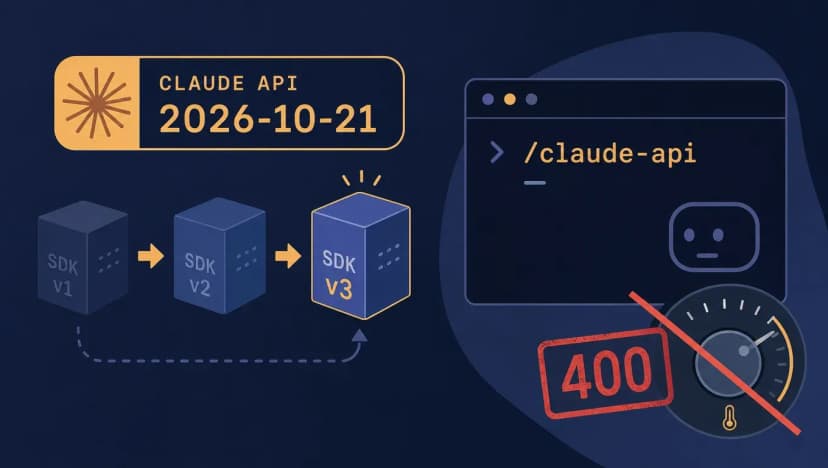 Claude API 出正式版本 2026-10-21 了：Claude Code 用 `/claude-api` 升级 SDK，temperature 再传会 400