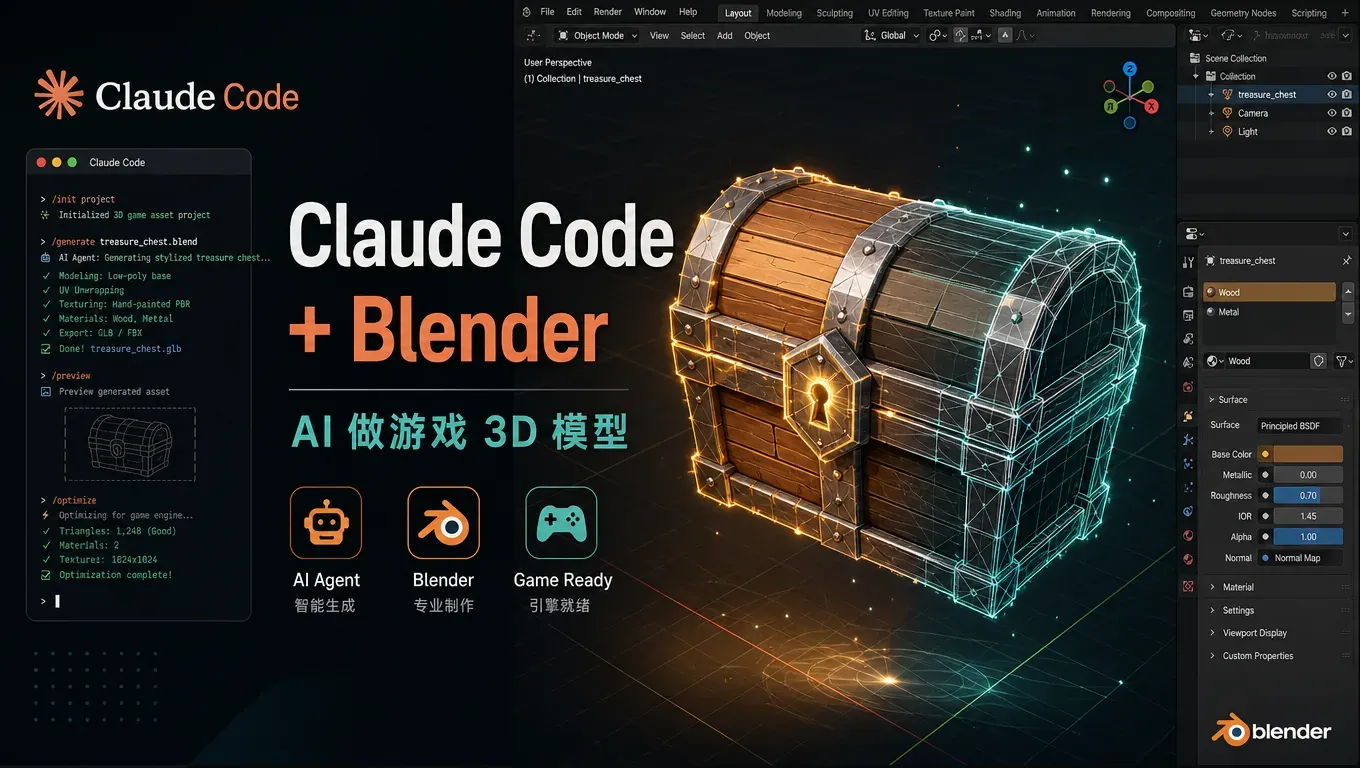 Claude Code Blender 实测：装 22 个 Blender 技能，让 AI 做出能进游戏的低多边形 3D 模型（Codex 同样可用）